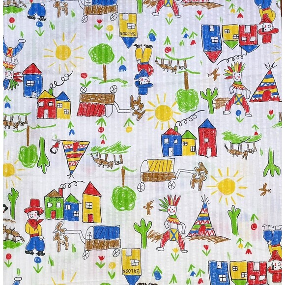 Vtg Cowboy Seersucker Plisse Fabric Cotton Blend Novelty Teepee Kid Boy 3/4yd - Picture 3 of 5